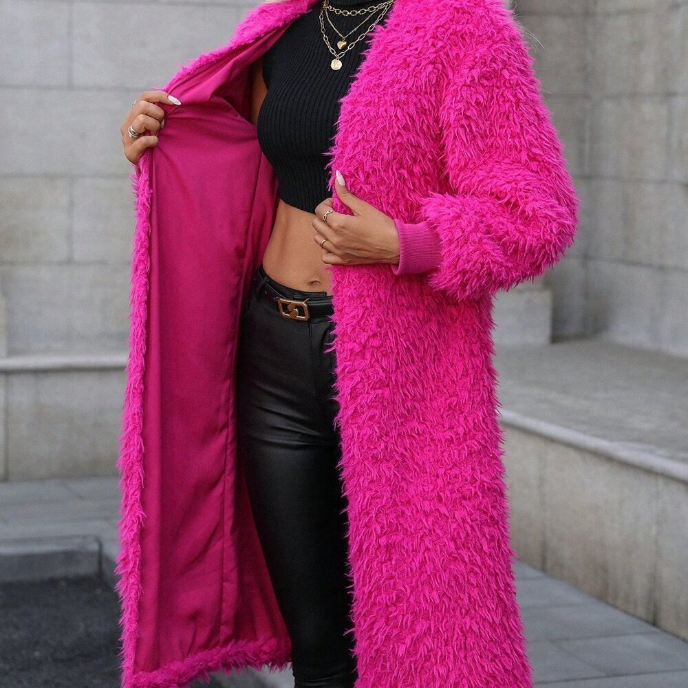 Hot Pink Casual Women's Mid-Length Faux Mink Fur Coat - Picture 4 of 6